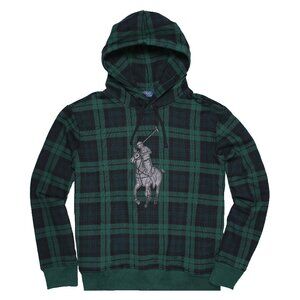 NWT Polo Ralph Lauren Men Black Watch Plaid Hoodie - Leather-Textured Big Pony